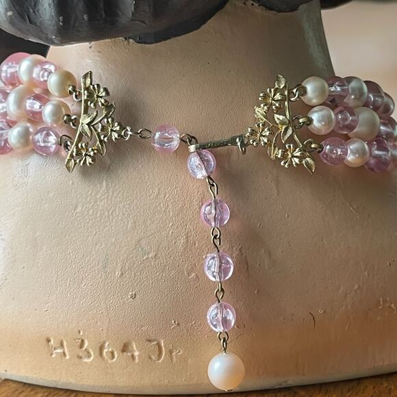 Vintage Coro Pink Necklace Multi Strand Collar MCM Crackle Glaze Signed - Picture 4 of 8